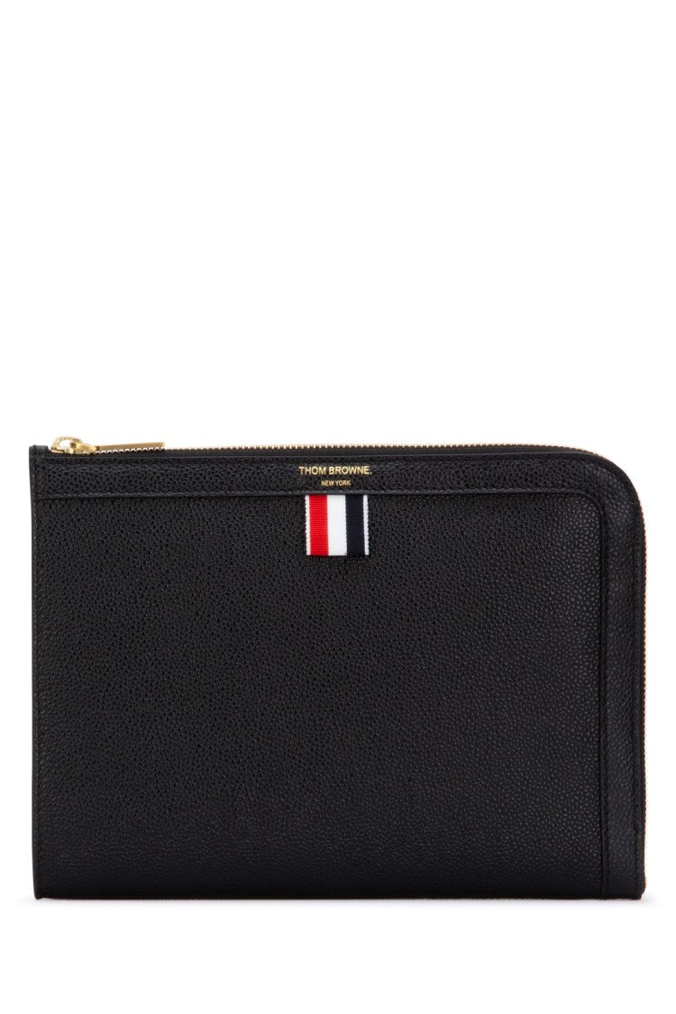 Thom Browne Textured Leather Pouch With Zip Closure And Logo Patch