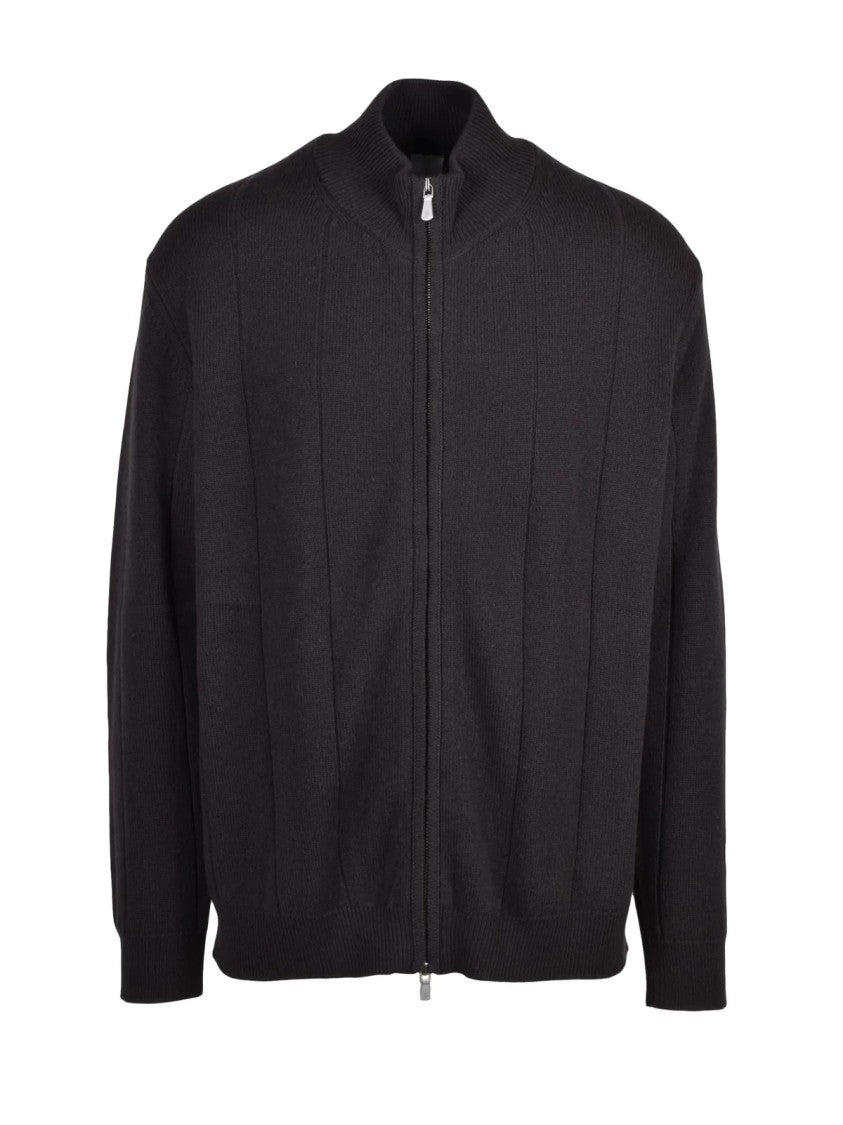 Eleventy Brown Ribbed High Collar Wool Zip Cardigan