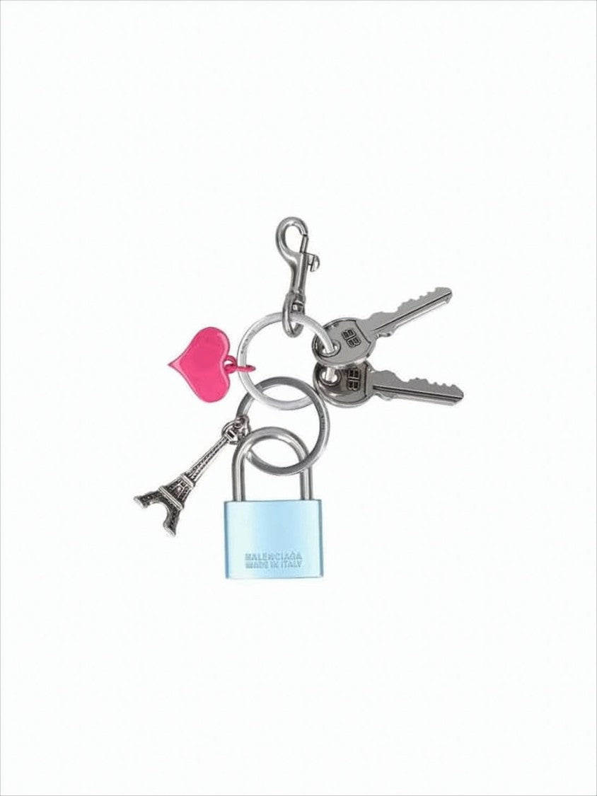 Balenciaga Silver Metal Keyring With Padlock And Eiffel Tower Charm