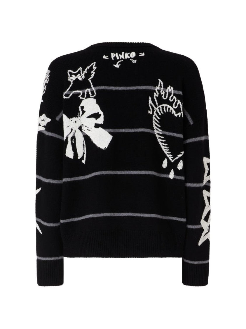 Pinko Black Striped Graphic Knit Sweater