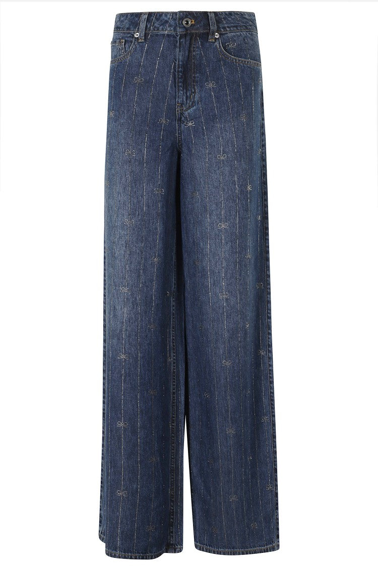 Self-Portrait Rhinestone Denim Lyocell Wide-Leg Jeans