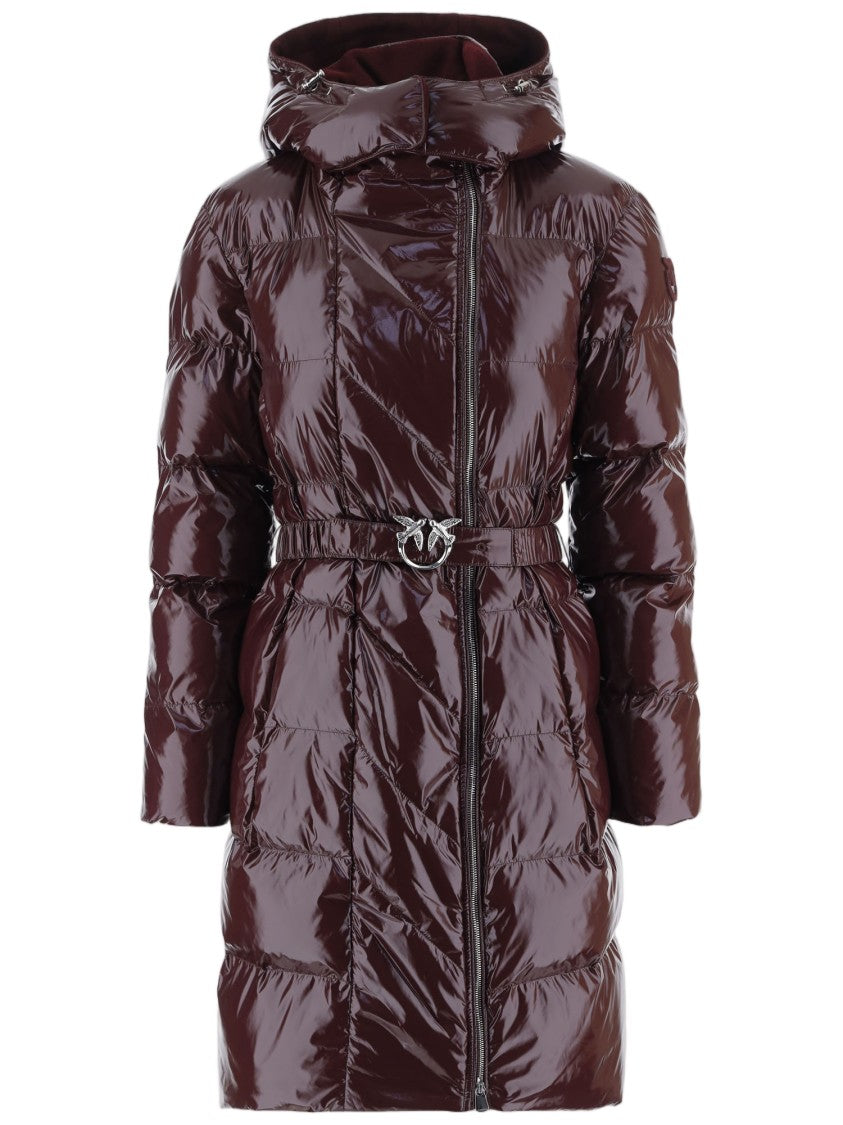 Pinko Glossy Quilted Down Coat With Decorative Bird Buckle