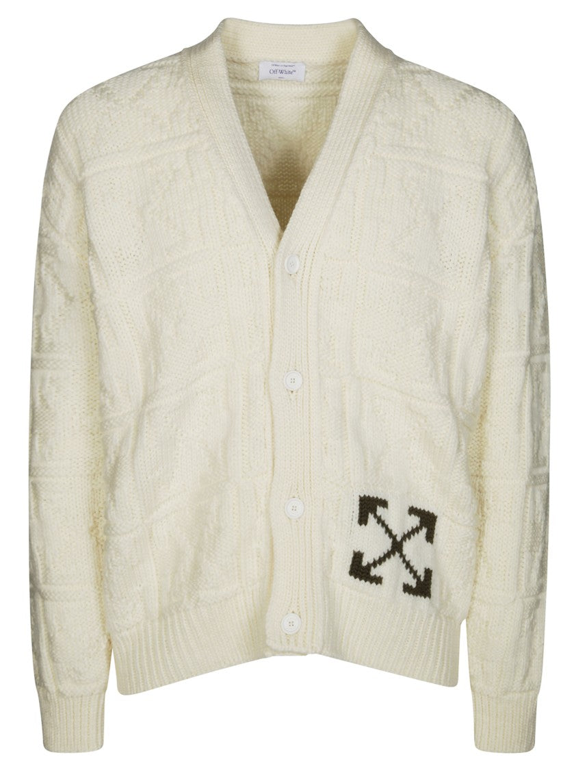 Off-White Textured Knitted Cardigan With V-Neck And Arrow Motif