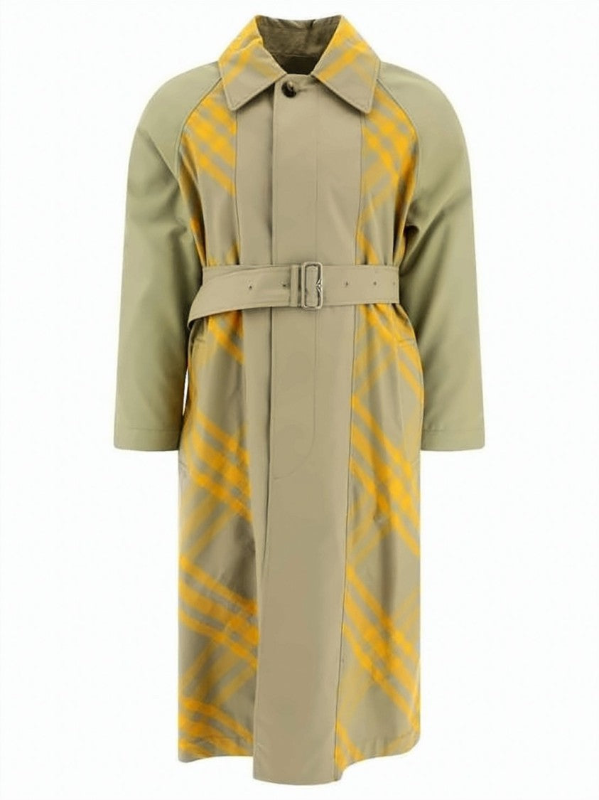 Burberry Belted Trench Coat With Plaid Sleeves