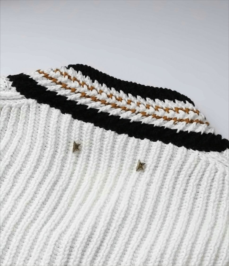 Golden Goose Ribbed Knit Sweater With V-Neckline And Striped Accents