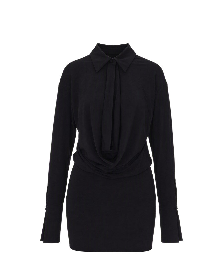 The Andamane Black Draped Gathered Polyester-Blend Mini Dress