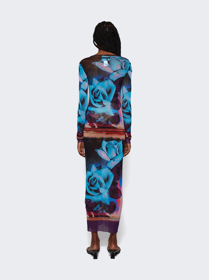 Jean Paul Gaultier Rose Printed Mesh Long Sleeve Dress