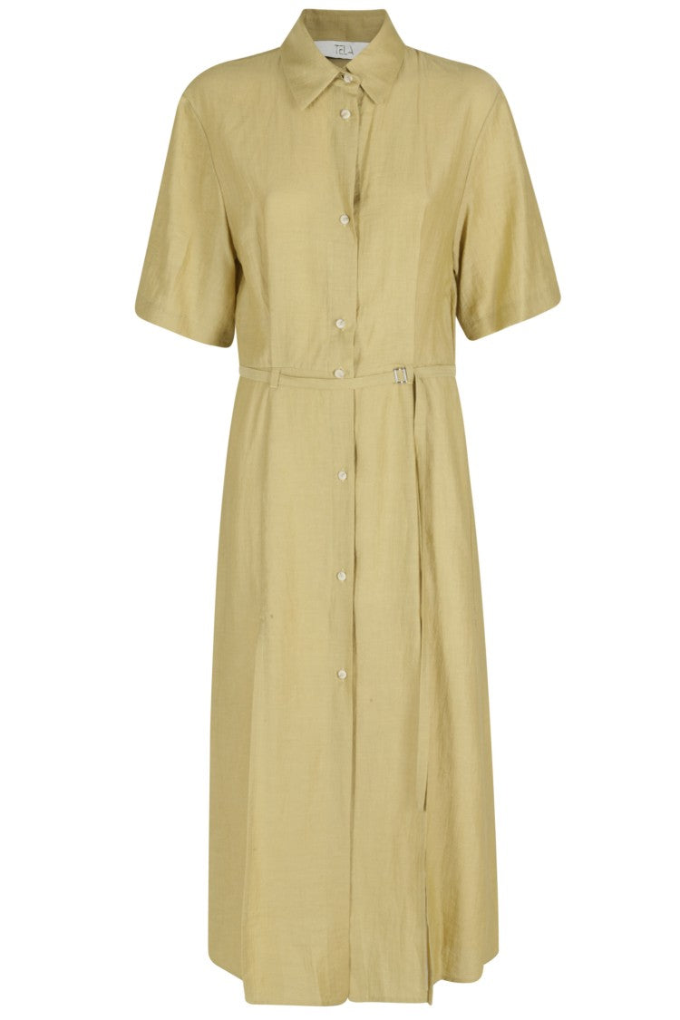 Tela Green Cherry Buttoned Belted Linen-Blend Maxi Dress