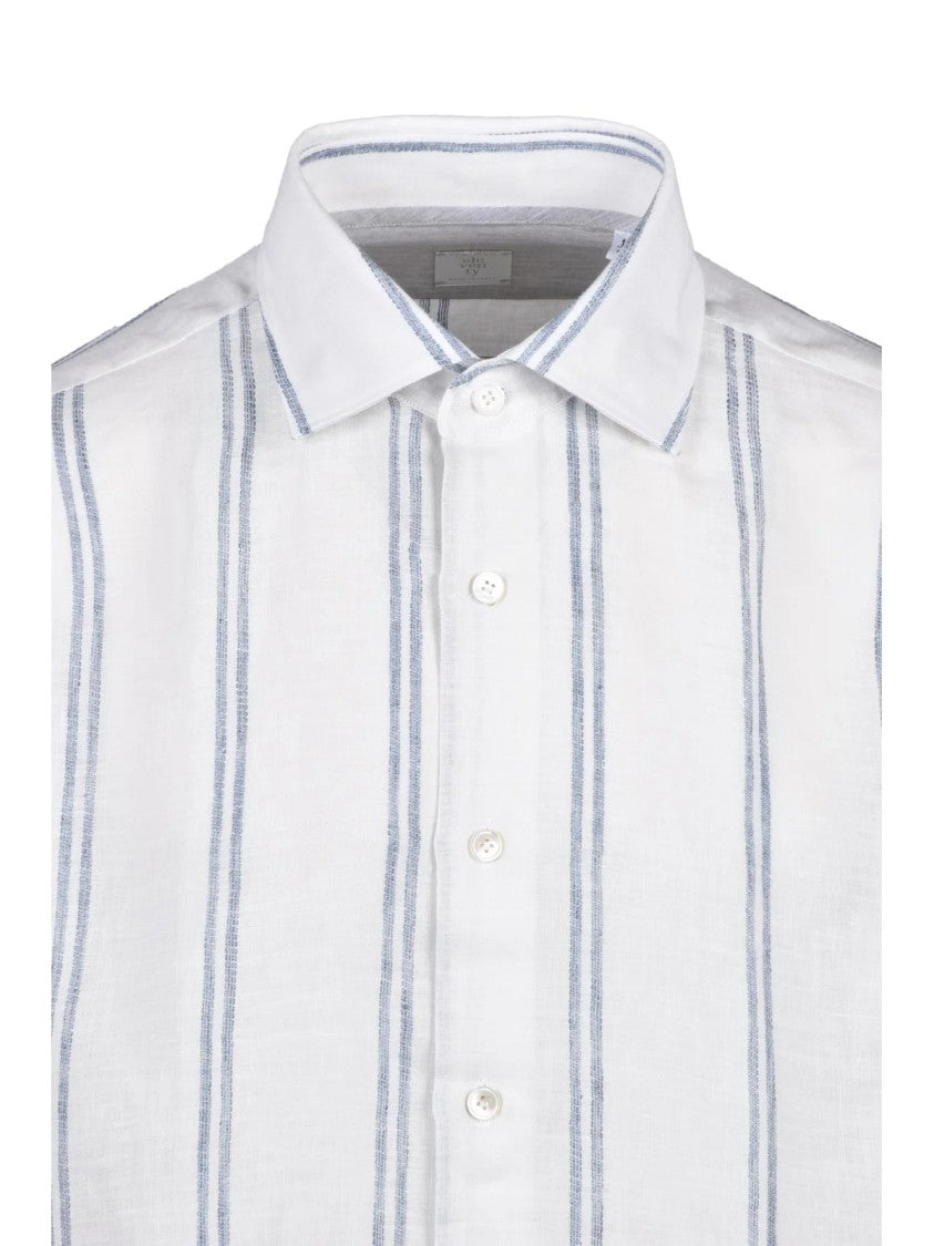 Eleventy White Blue Linen Gauzed Shirt