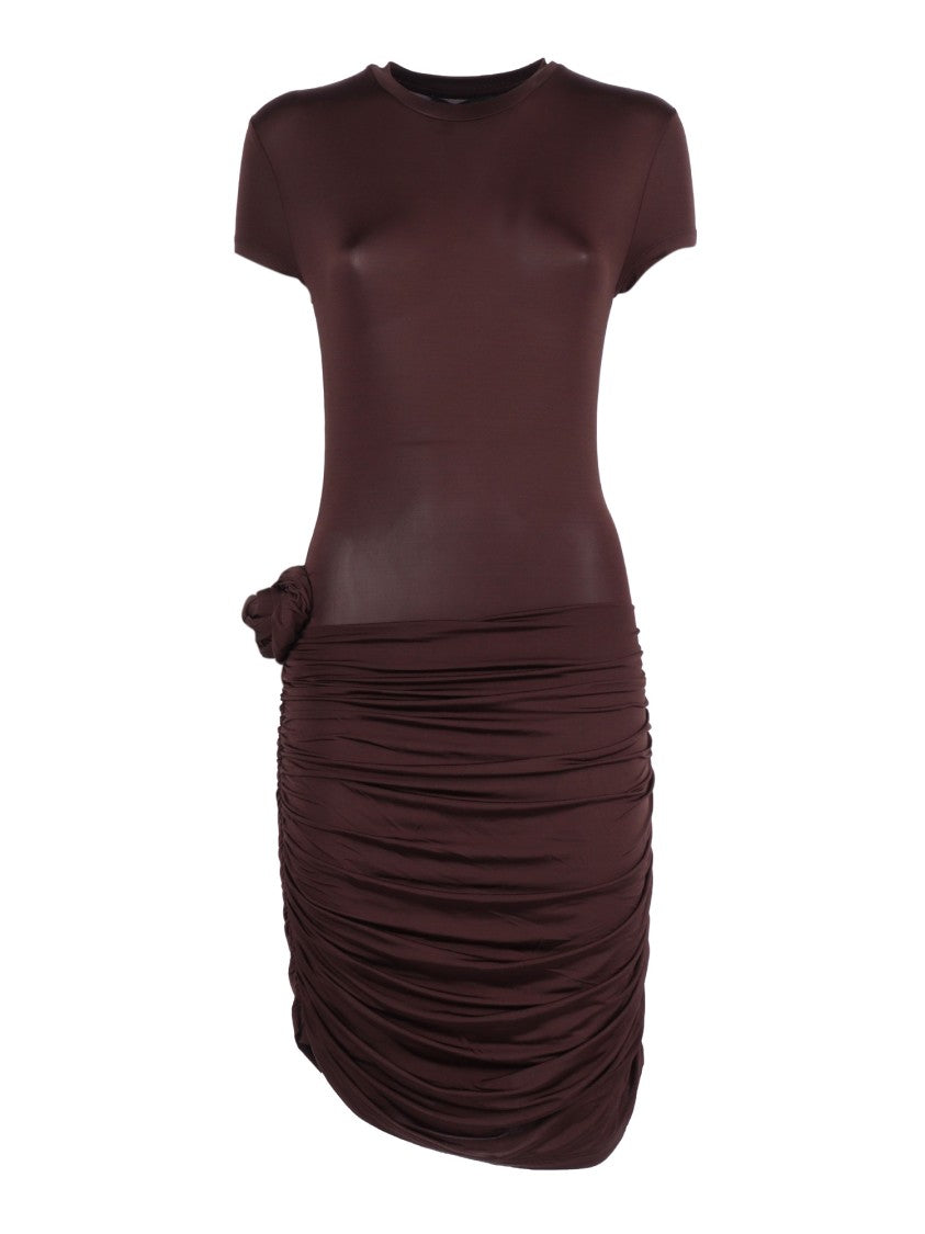 Rotate Draped Mini Dress With Knot Detail And Ruched Design