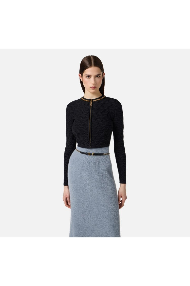 Elisabetta Franchi Black Diamond-Quilted Chain-Trim Viscose-Blend Cardigan