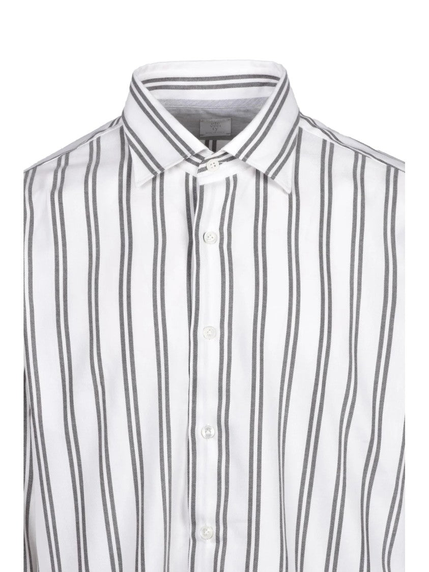 Eleventy White/Brown Striped Cotton-Blend Flannel Shirt