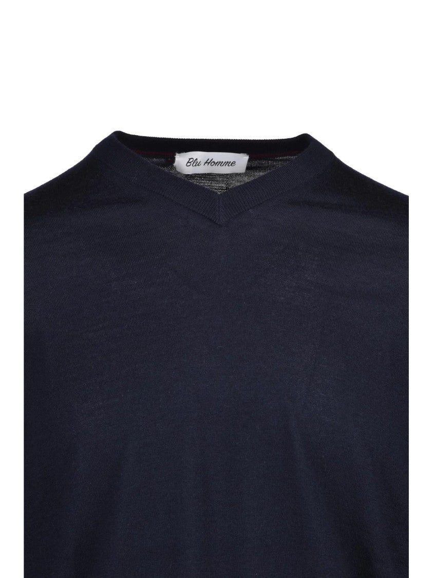 Blu Homme Navy Blue Extrafine Merino Wool V-Neck Pullover