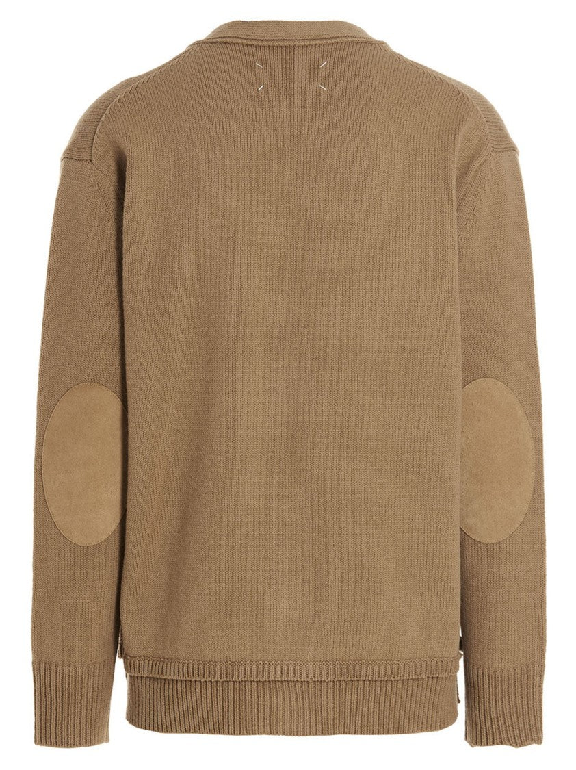 Maison Margiela Brown Wool-Linen-Cotton Blend Cardigan With Suede Elbow Patches