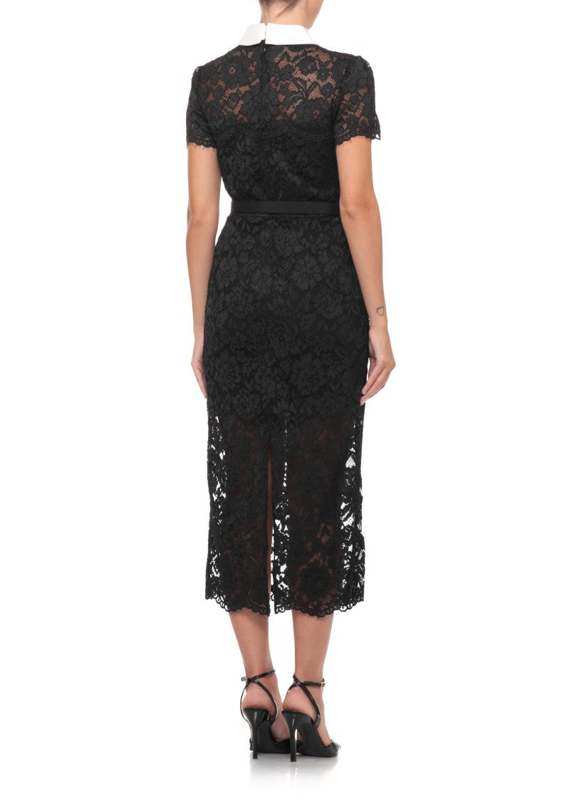 Self-Portrait Intricate Floral Lace Midi Dress With Bow Collar And Jewel Buttons
