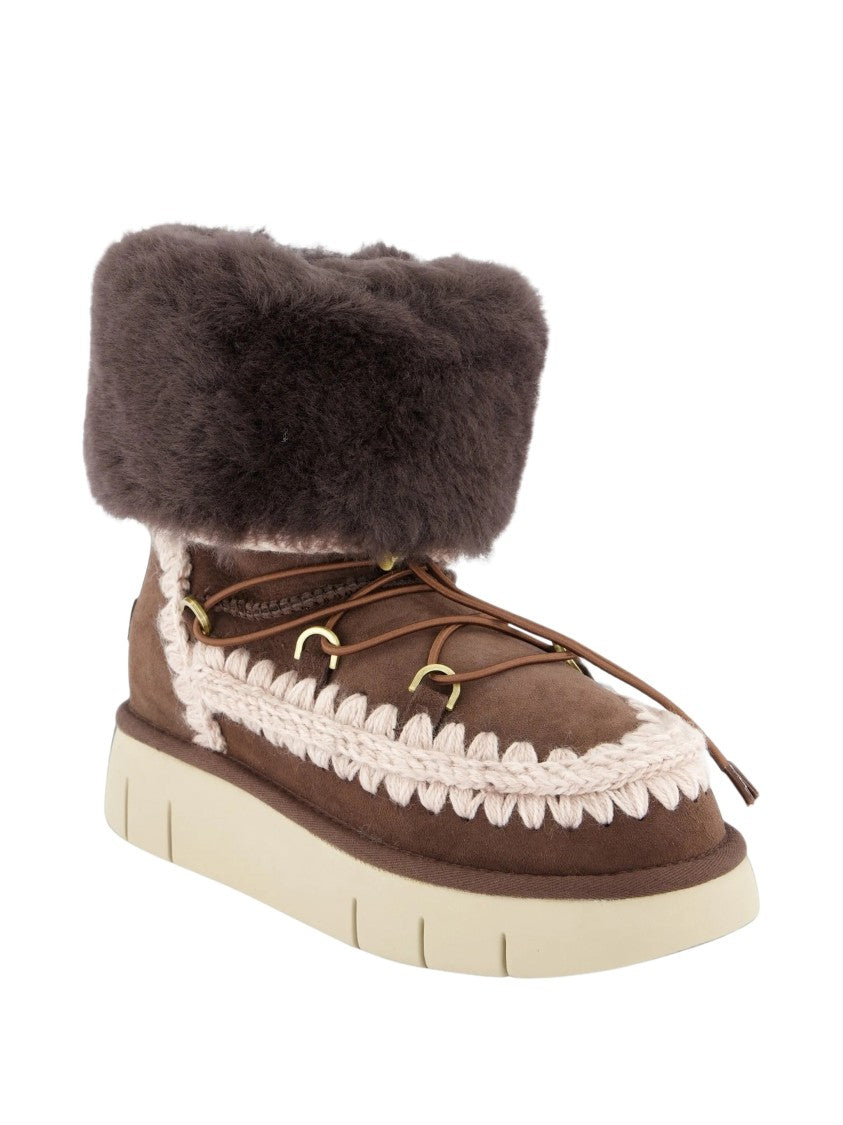 Mou Brown Bounce Fur-Cuff Braided Suede Shoes