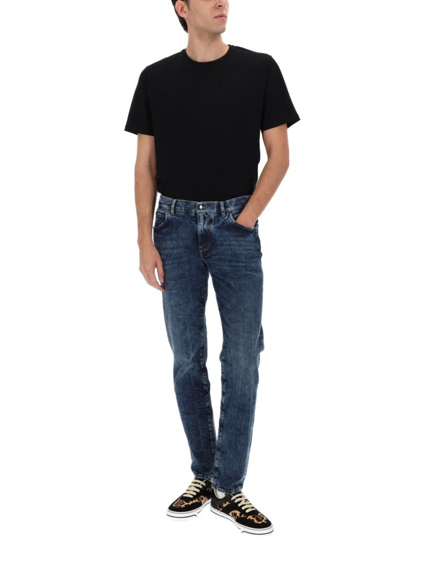 Dolce & Gabbana Blue Cotton Blend Whiskering Jeans