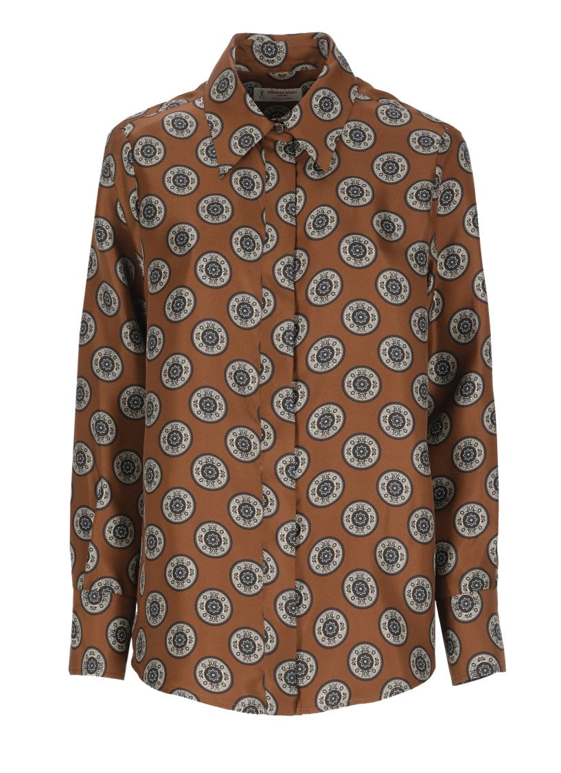 Alberto Biani Brown Spherical Print Classic Collar Silk Shirt
