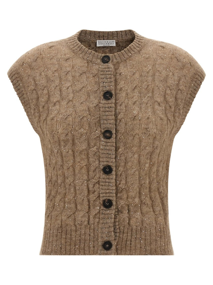 Brunello Cucinelli Cable Knit Vest With Micro Sequin Braids And Ribbed Finish