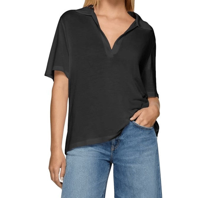 Dondup Deep V-Neck Black Polo With Modal And Silk Blend