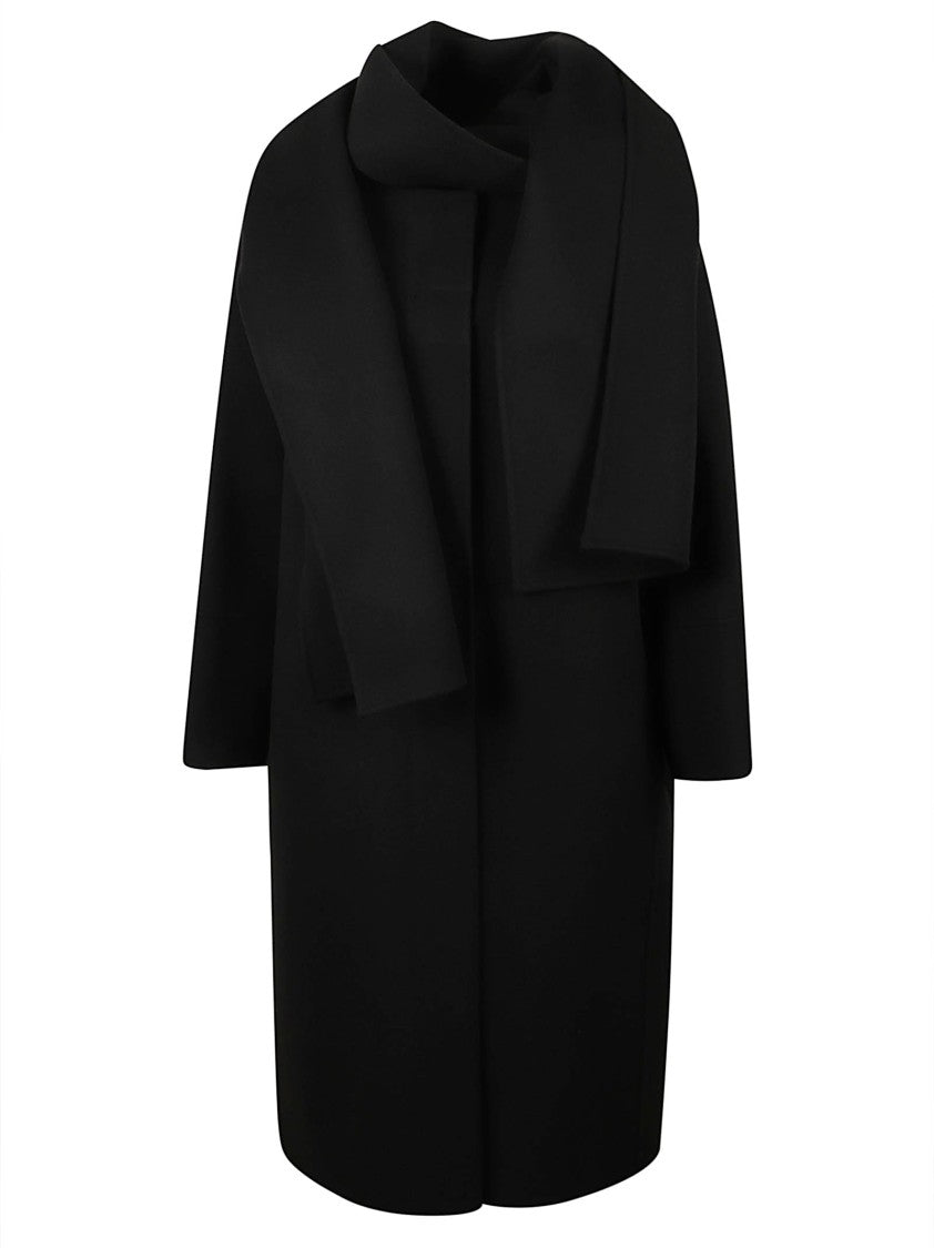 Max Mara Collarless Black Minimalist Coat With Straight Silhouette