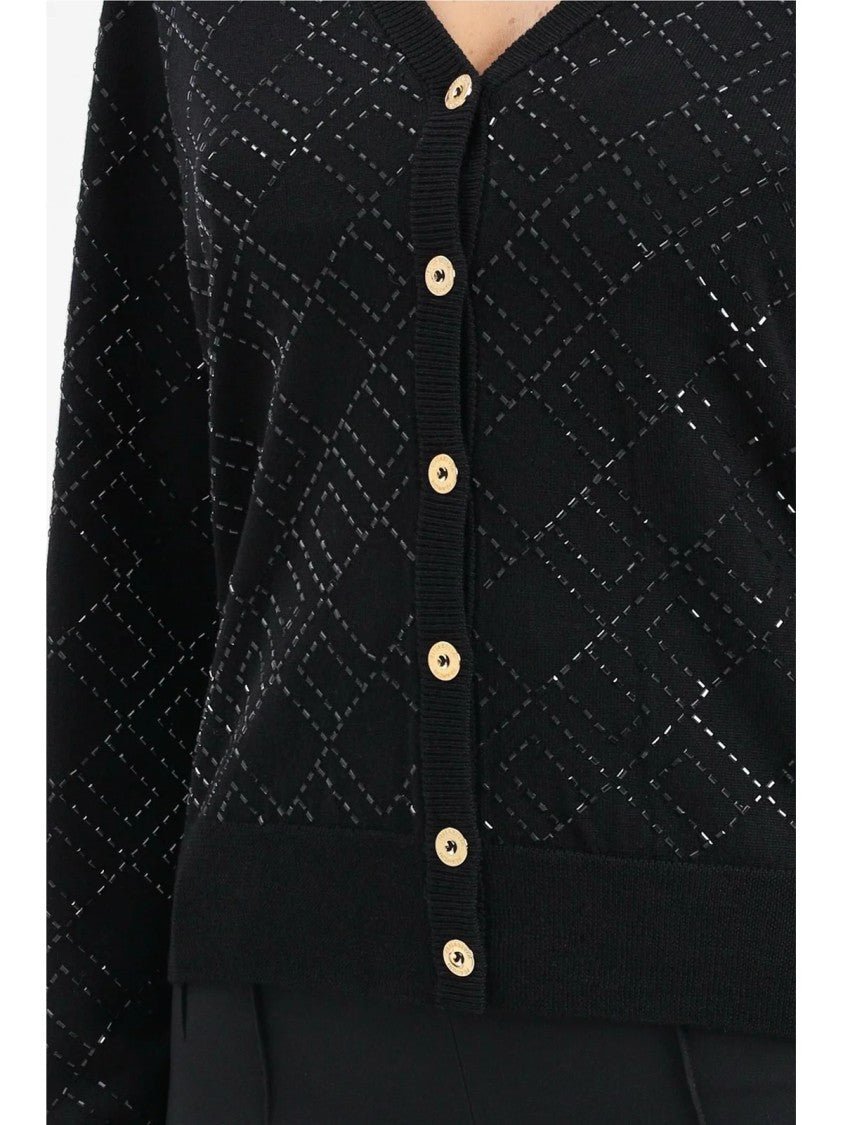 Elisabetta Franchi Black Wool Cardigan With Sequin Embroidery And Button Closure