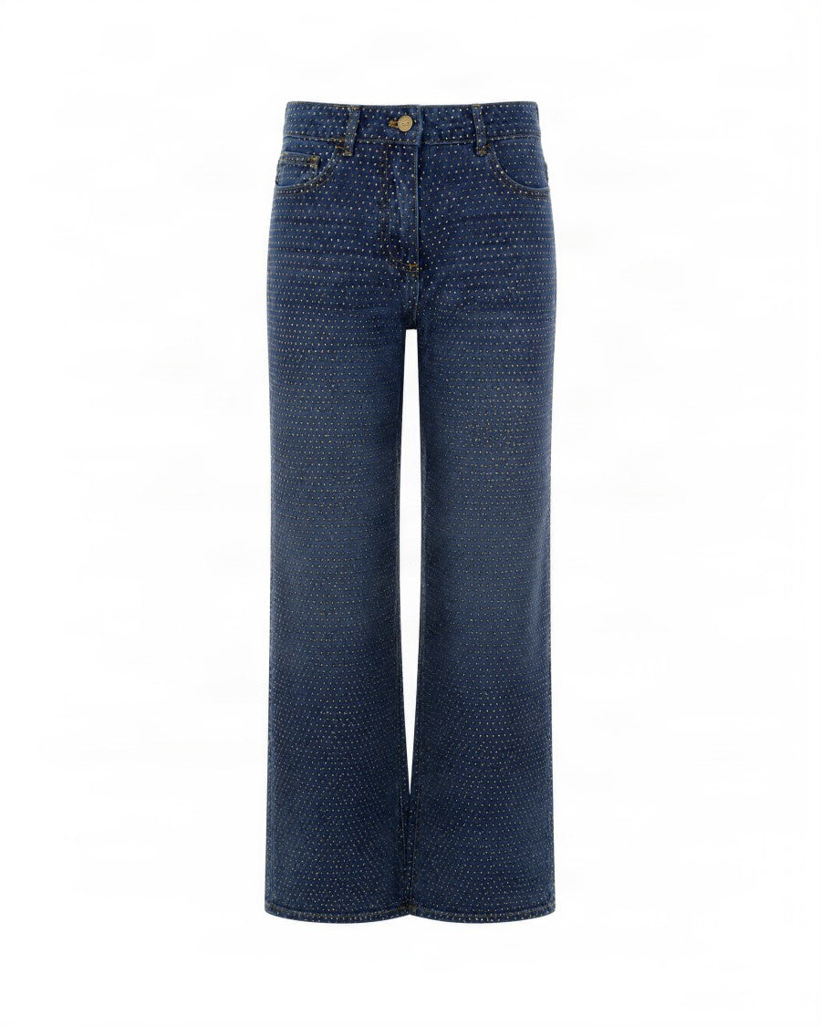 Elisabetta Franchi Dark Blue Rhinestone High-Waisted Wide-Leg Jeans