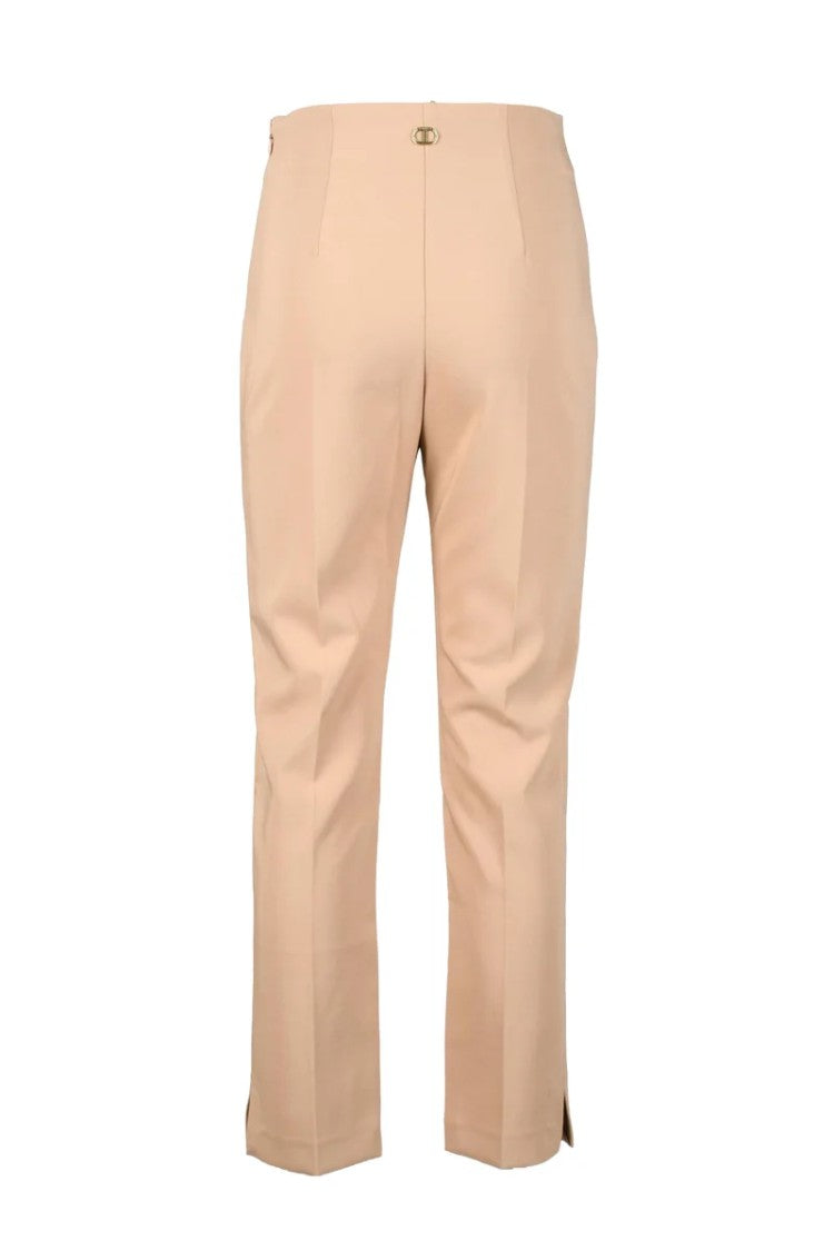 Twin-Set Beige Tailored Trousers With Subtle Slit Hem And Decorative Clasp
