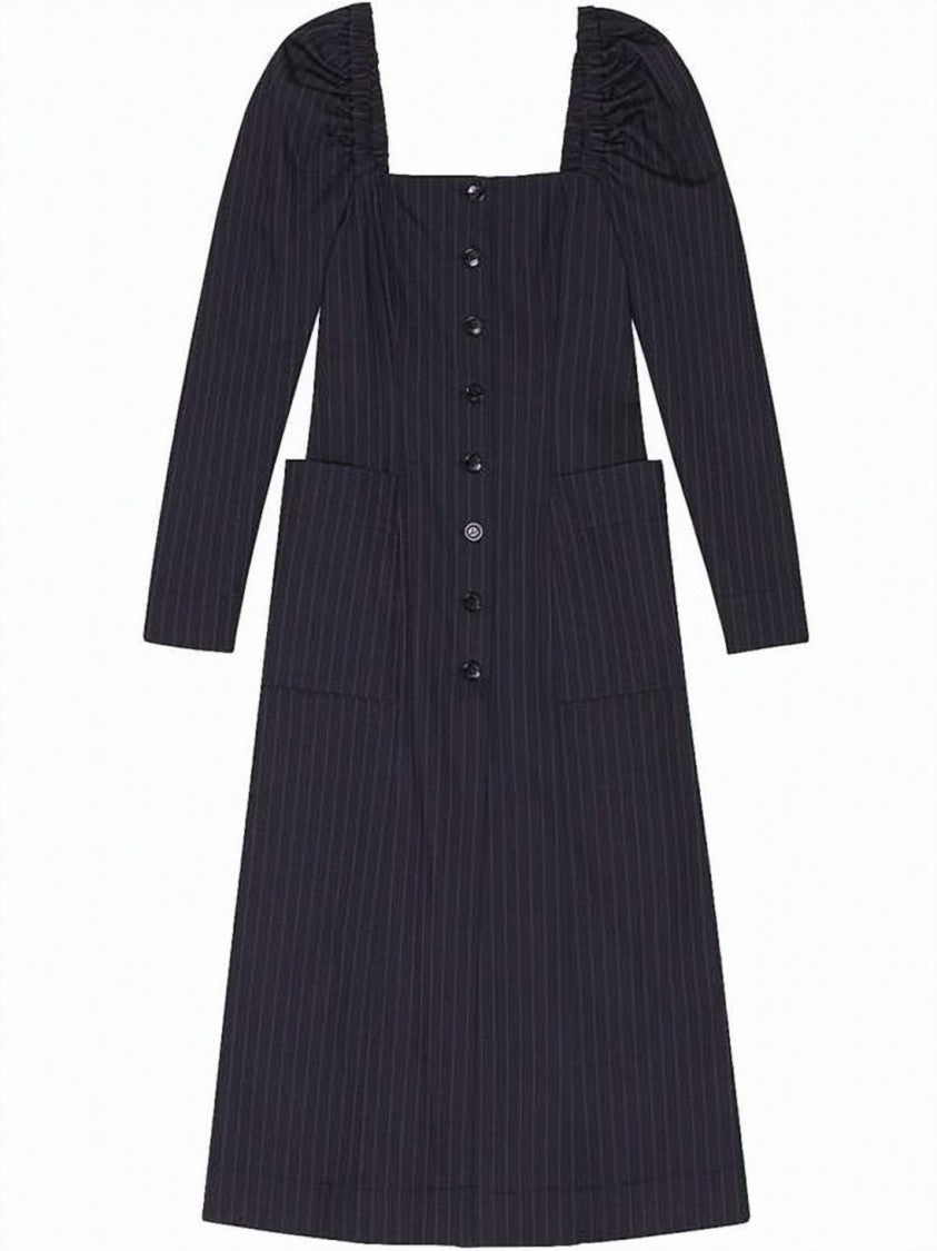 Ganni Pinstriped Midi Dress With Puffed Sleeves