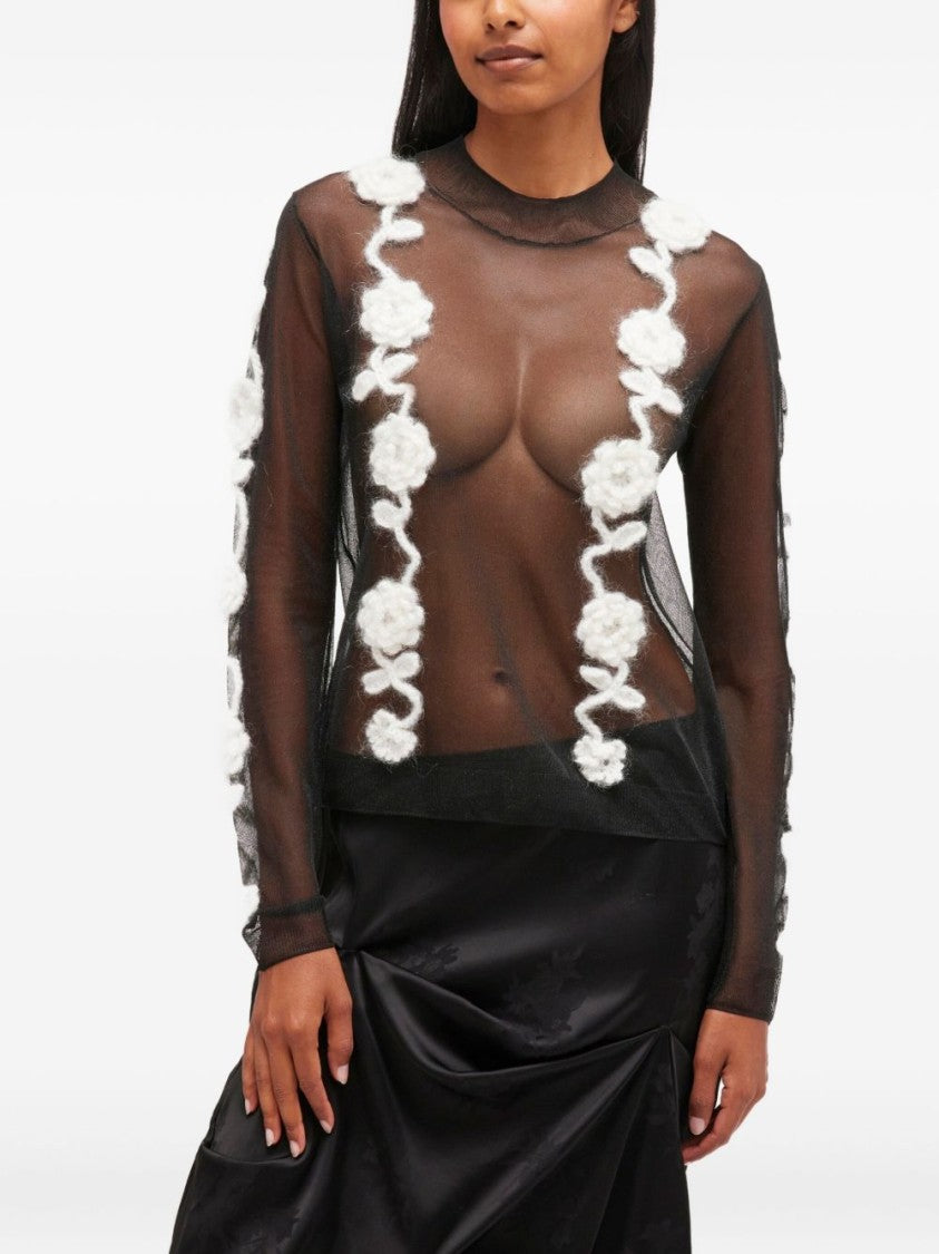 Ganni Sheer Black Long-Sleeve Top With Floral Appliqués