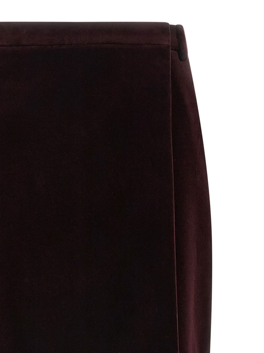 Saint Laurent Burgundy Cotton Velvet Midi Skirt With Silk Lining