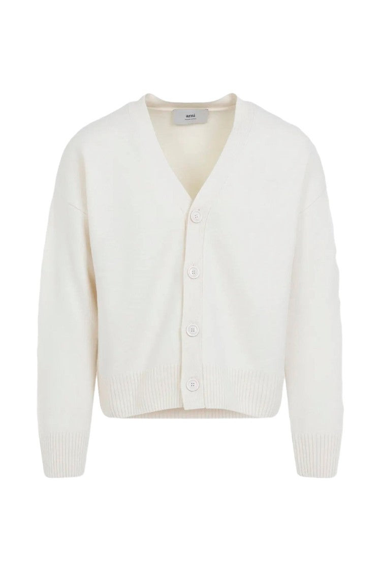 Ami Paris White Wool-Cashmere Blend Cropped Cardigan