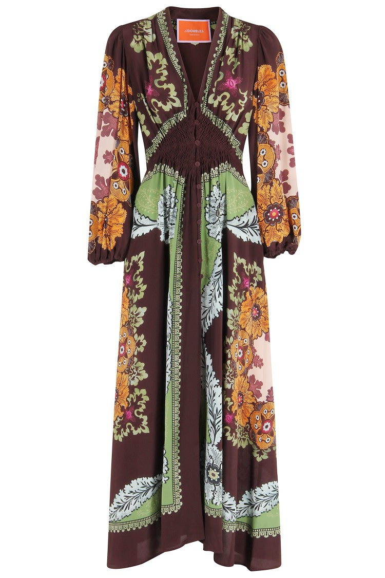 La Double J Bordeaux Printed Crepe De Chine Maxi Dress