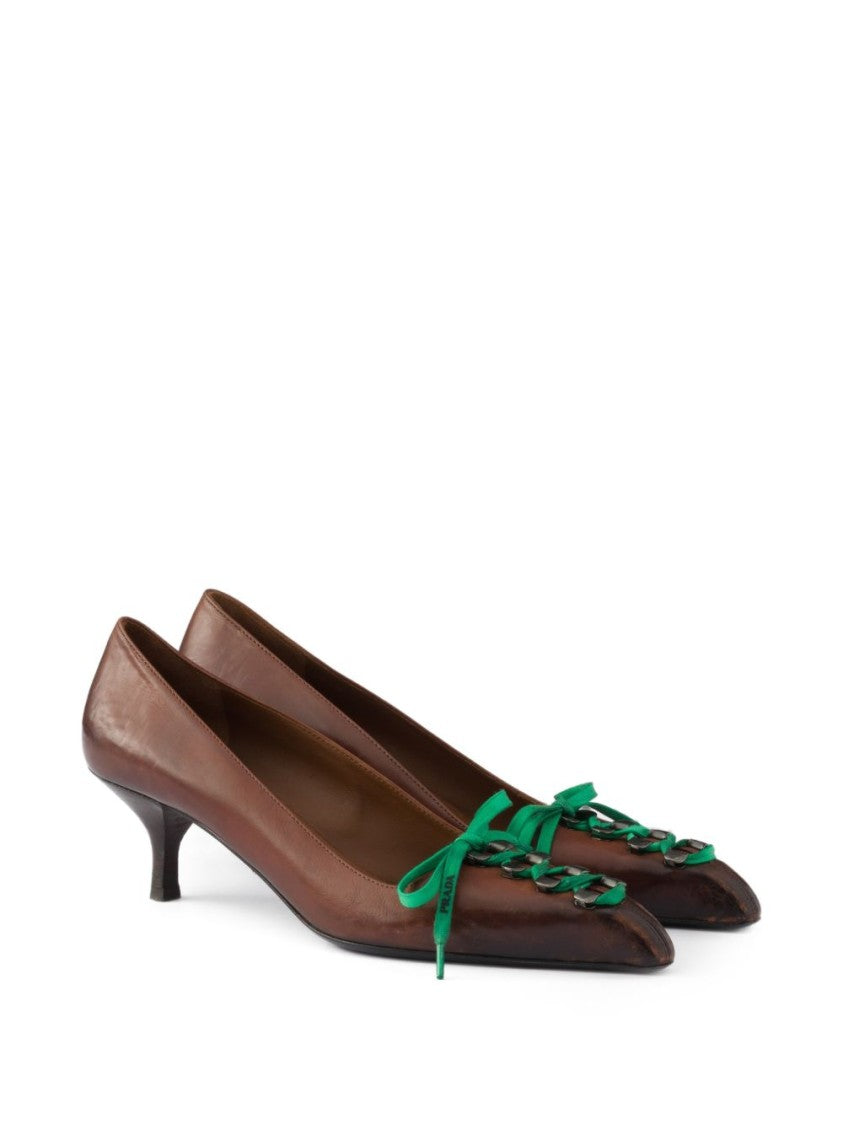 Prada Brown Leather Pointed Toe Lace-Up Flats