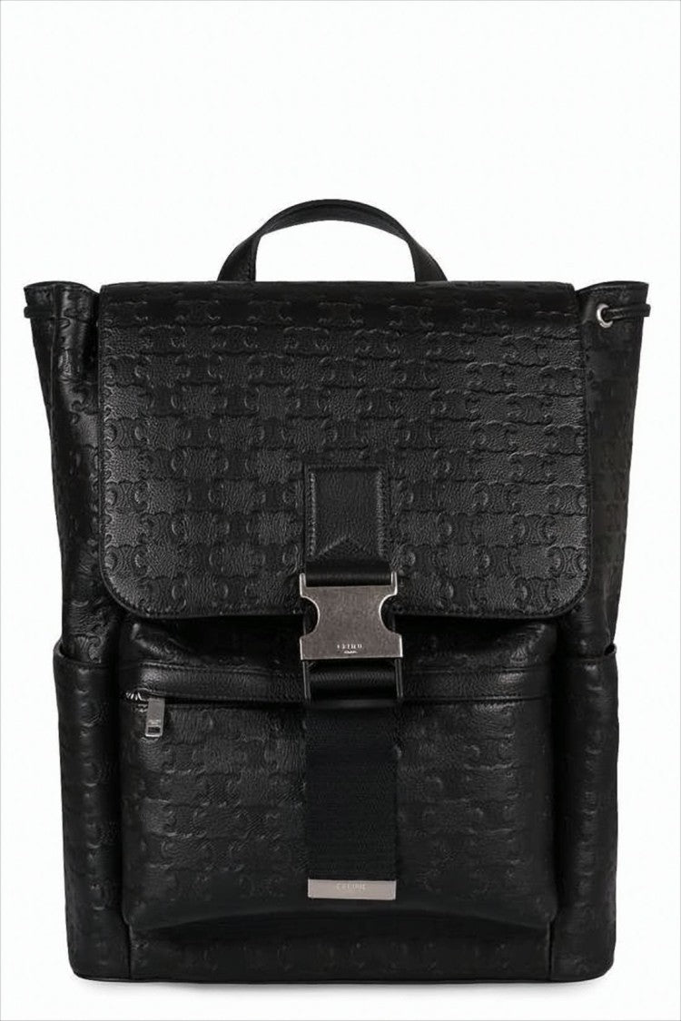 Celine Structured Black Calf Leather Backpack With Metal Buckle Closur