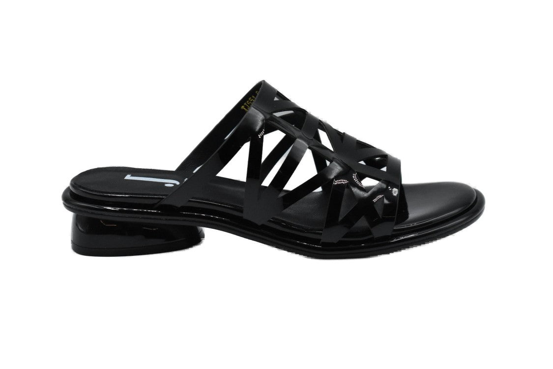 Jeannot Black Patent Low-Heeled Sandals With Intricate Cut-Out Design