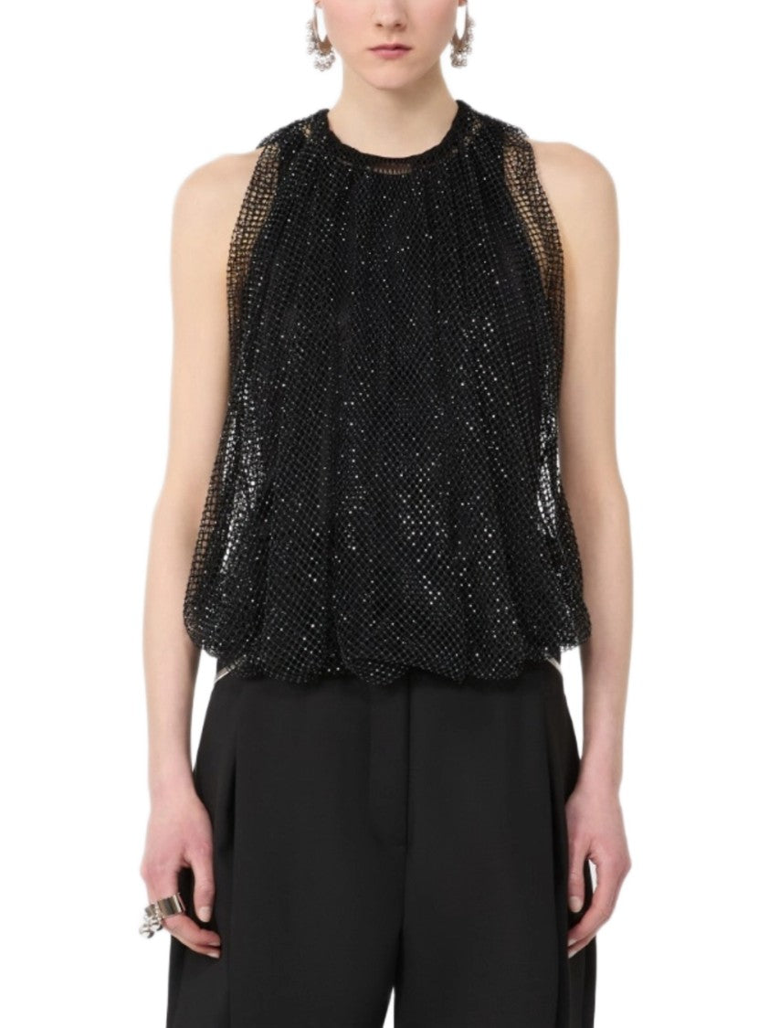 Max Mara Black Sleeveless Top With Embellished Mesh Overlay