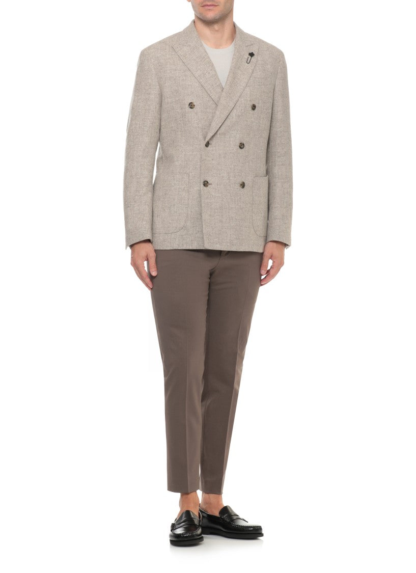 Lardini Beige Wool Double-Breasted Blazer With Iconic Peak Lapel Pin