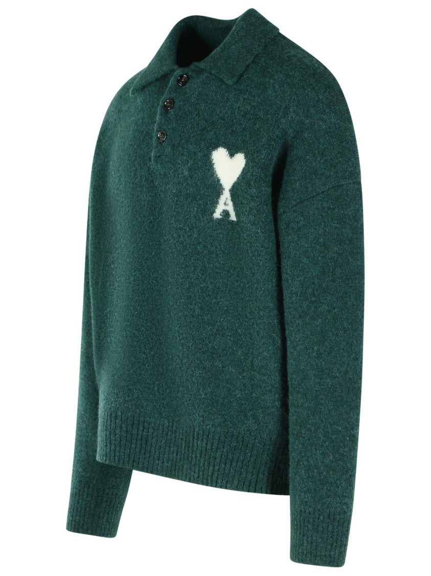 Ami Paris 'Ami De Cœur' Green Alpaca Polo Shirt