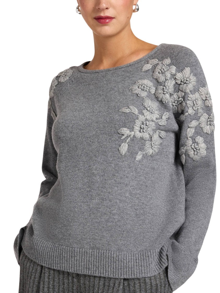 Elena Miro` Grey Floral Embroidered Wool Boatneck Sweater