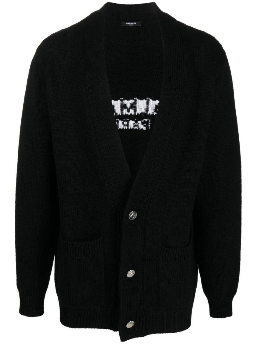 Balmain Black V-Neck Metallic Buttons Merino Wool Cardigan