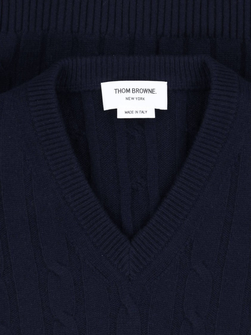 Thom Browne Blue 4-Bar Cable-Knit Cashmere V-Neck Sweater