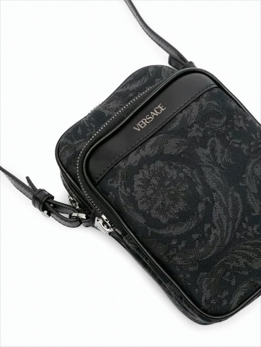 Versace Compact Floral Jacquard Crossbody Bag With Leather Trim