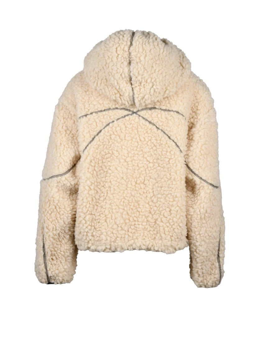 Bacon Cropped Cream Fleece Sweatshirt With Textured Fabric And Hood
