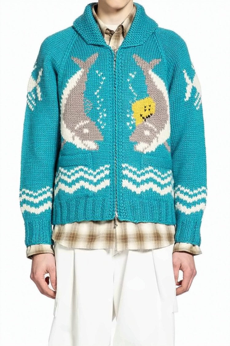 Kapital Chunky Knit Cardigan With Dolphin Motifs