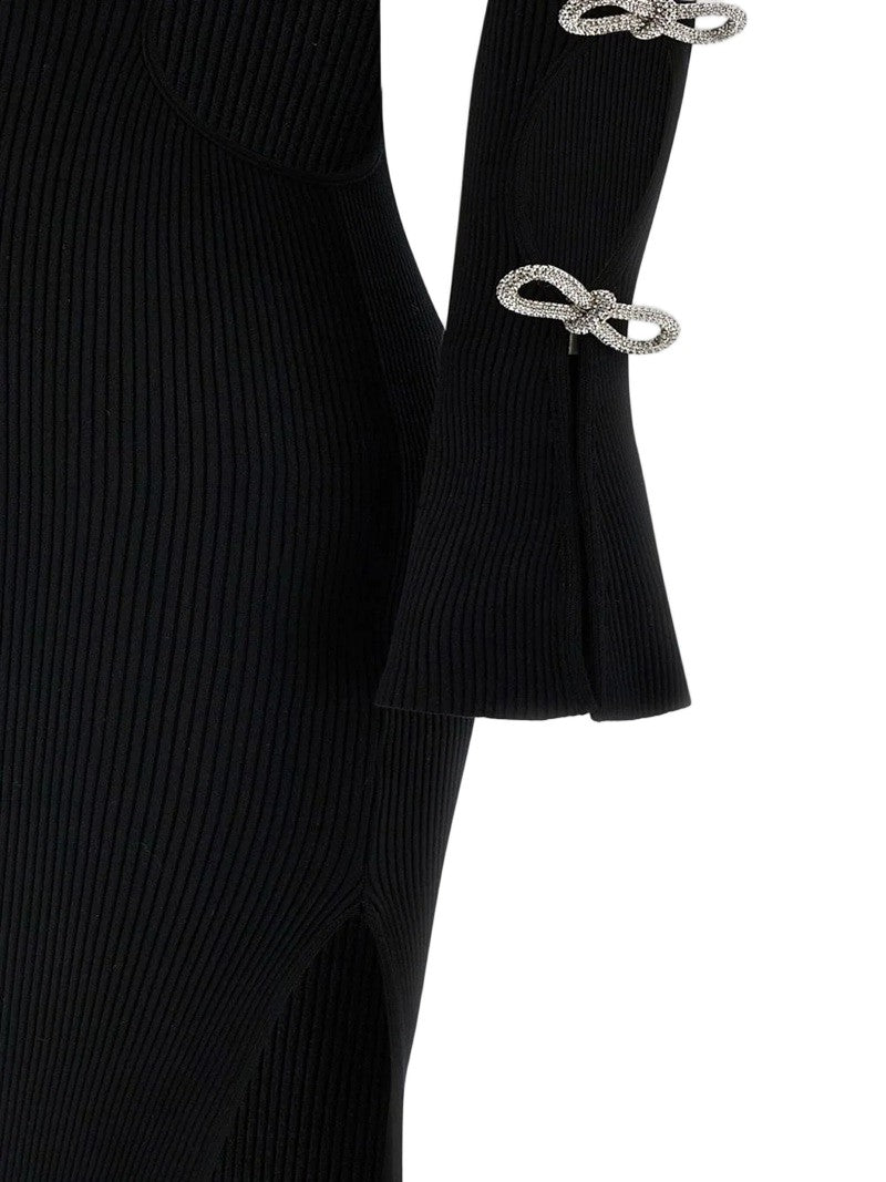 Mach & Mach Cut-Out Crystal Bow Sleeves Rib Knit Maxi Dress