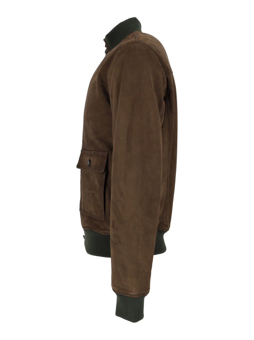 Stewart Suede Bomber Jacket With Knit Collar And Button Closure