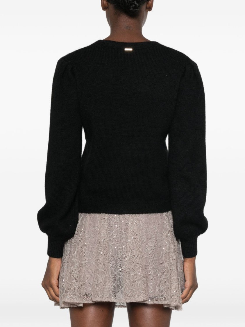 Twin-Set Cropped Deep V-Neck Puff-Sleeve Knit Sweater