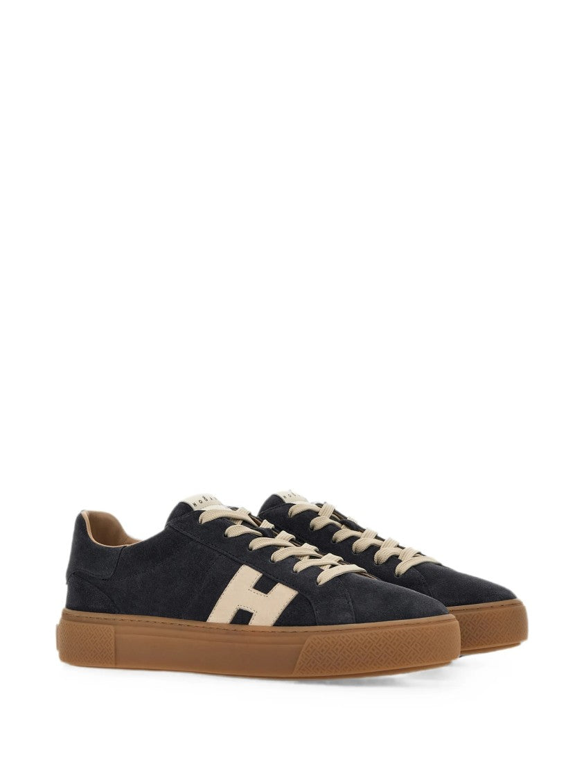 Hogan Low-Top Navy Suede Sneakers With Beige Accents And Textured Sole
