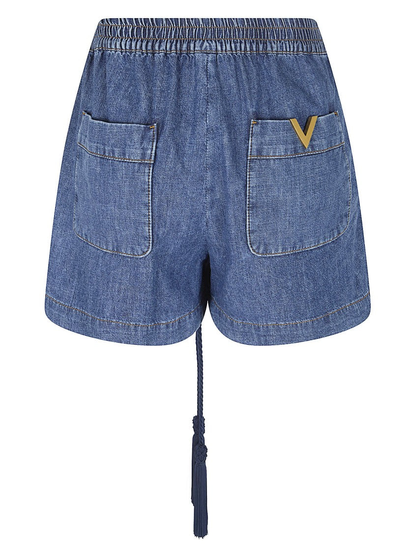 Valentino Garavani Chambray Cotton Denim Shorts With Drawstring Waist